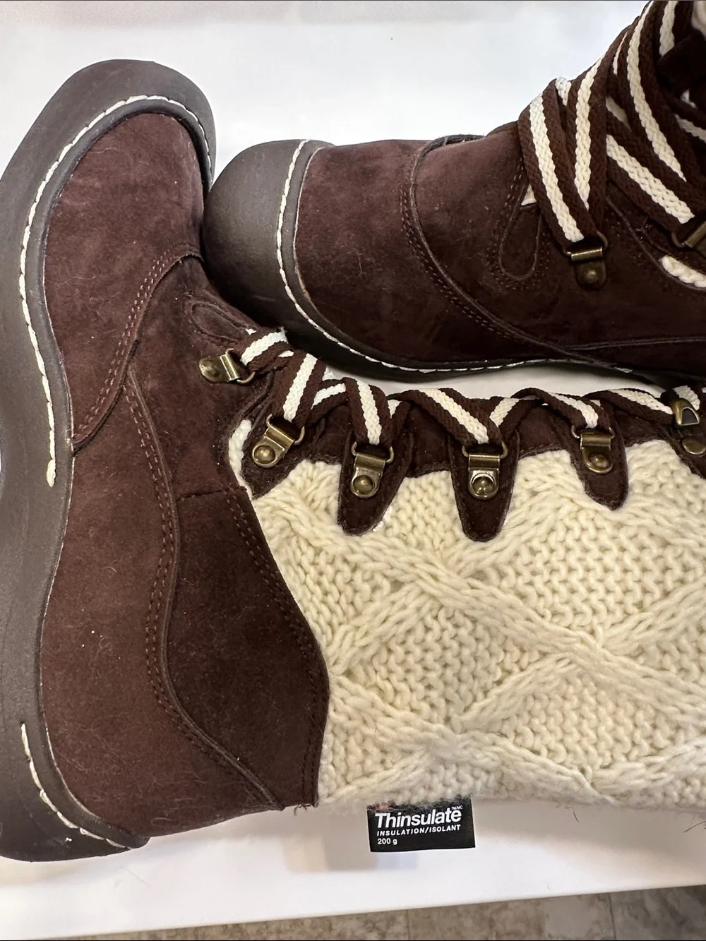 3M Thinsulate Brown and Cream Lace-Up Faux Fur Winter Boots